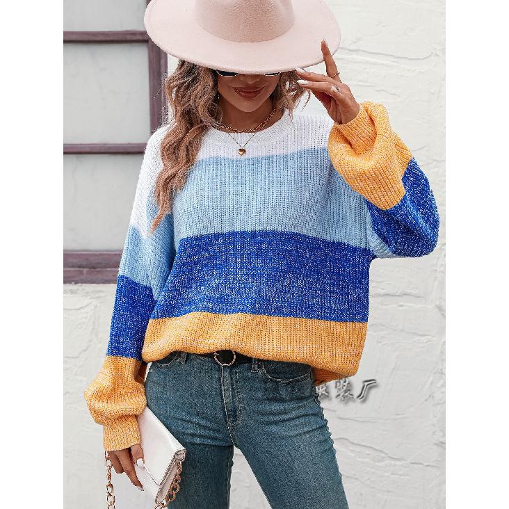 2024 Herbst/Winter Neuer europäischer und amerikanischer Farbblock-Rundhals-Strickpullover Modepullover für Damen