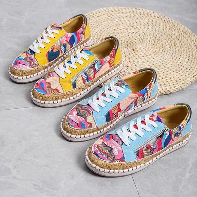 Vulkanisierte Damenschuhe, Schnür-Sneakers, elegante Plateauschuhe mit Blumenmuster, modische Damen-Casual-Sneaker