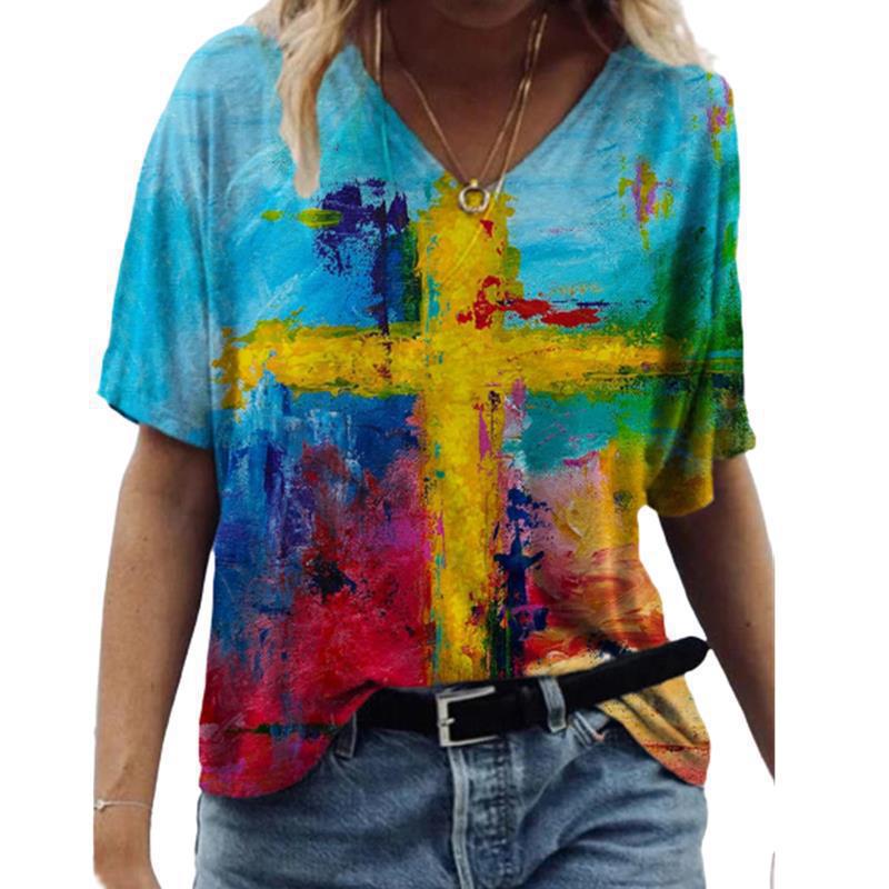 Women's T-shirt 3D Pattern Printed Casual Short Sleeved V-Neck Top Fashionable Street Women's Clothing