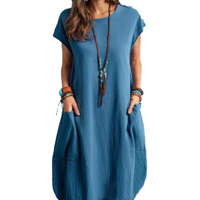Vestido casual suelto de color liso para mujer con bolsillo, de longitud media, de algodón y lino
