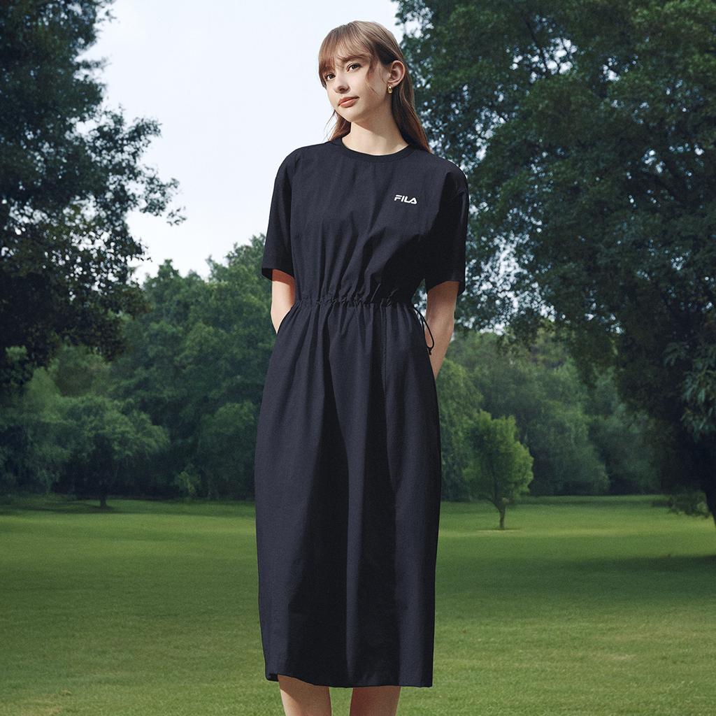 FILA Original Fashion Simple Retro Casual Versatile Comfortable Loose Lightweight Outdoor Woven Short Sleeve Dress Women dresses Black F51W629310FBK