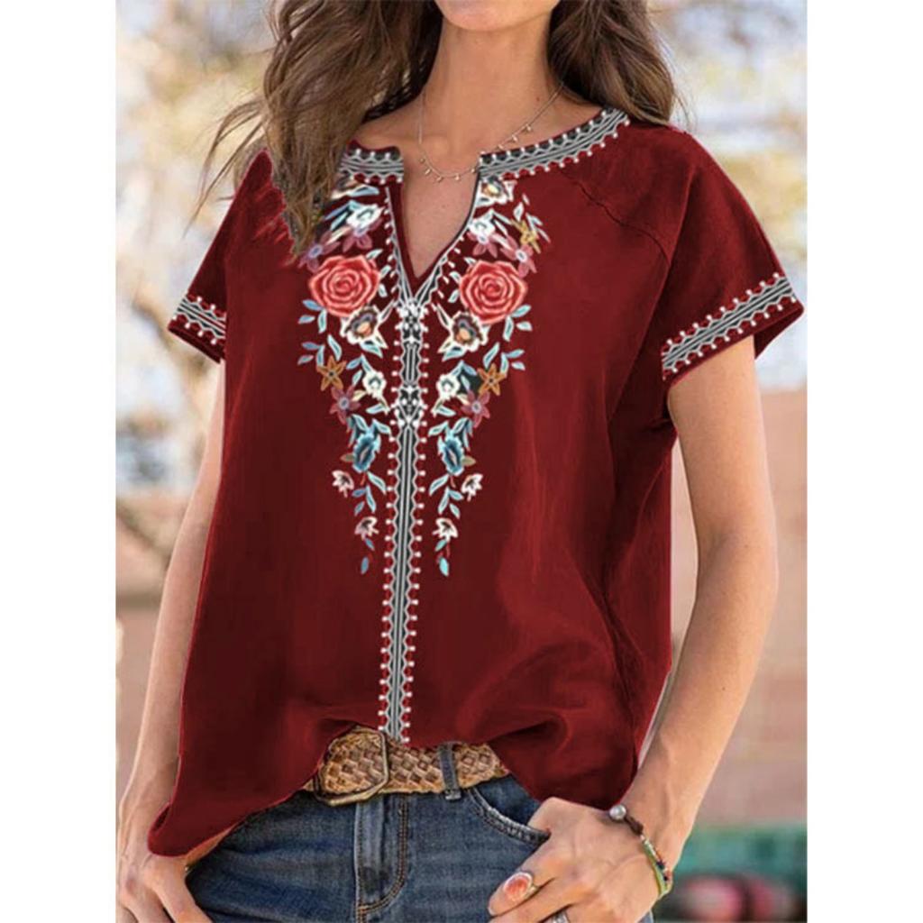 Summer New Ethnic Print Short Sleeve T-Shirt Top for Women, Hot Selling Popular Female Clothing