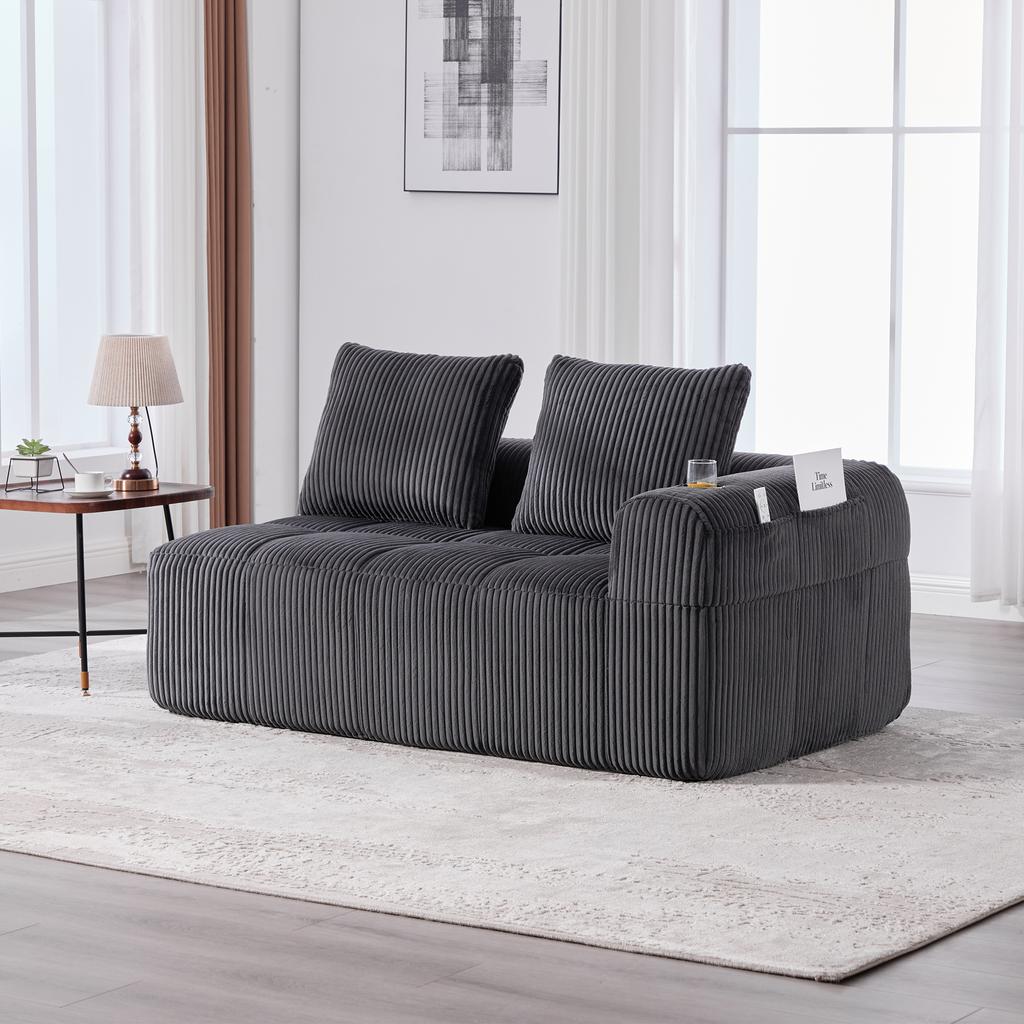 Cozy Corduroy Two-Seater Sofa – No Assembly, Soft Back Cushions, Side Storage Pocket for Remote Control and Phone, Cup Holder – Neat and Aesthetic.