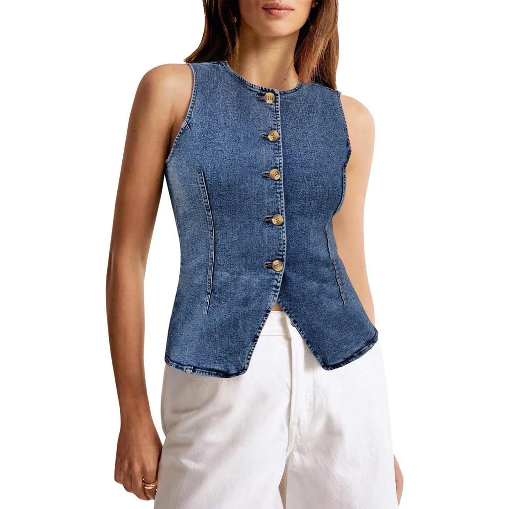 Women's Fashion Casual Sleeveless Button Down Denim Waistcoat