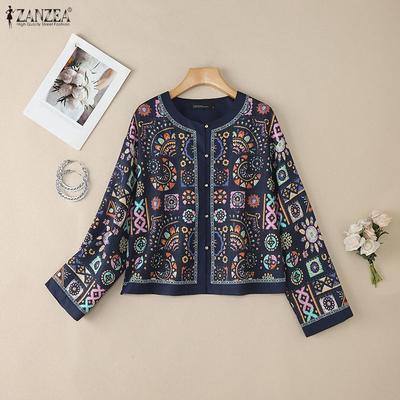 Blouse Décontractée à Col Rond et Manches Longues Ample à Imprimé Rétro pour Femmes