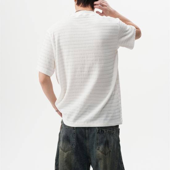 Men T-shirt Round Neck Short Sleeve 3D Striped Jacquard Design Tee Shirt