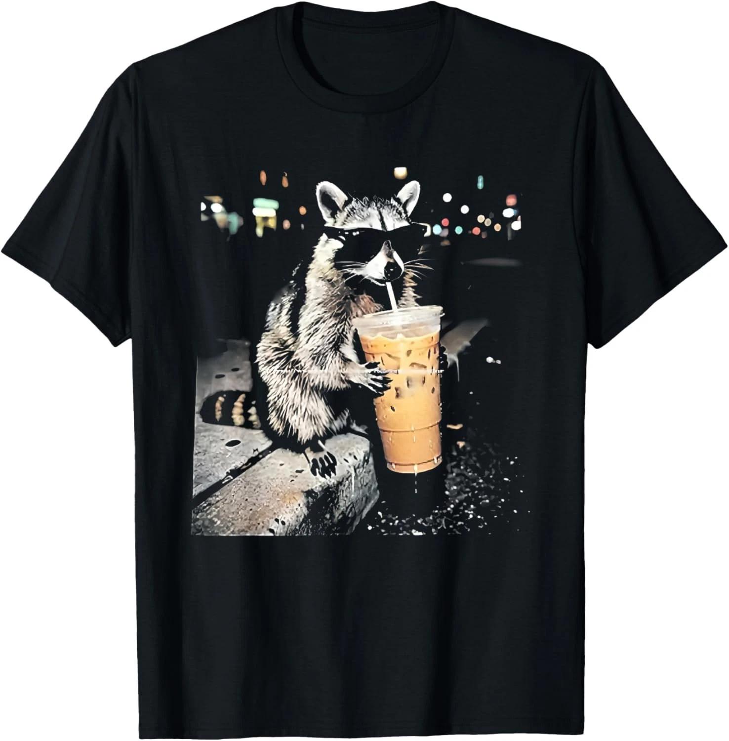 Funny Raccoon Drinking iced Coffee T-Shirt unisex T-Shirt XL