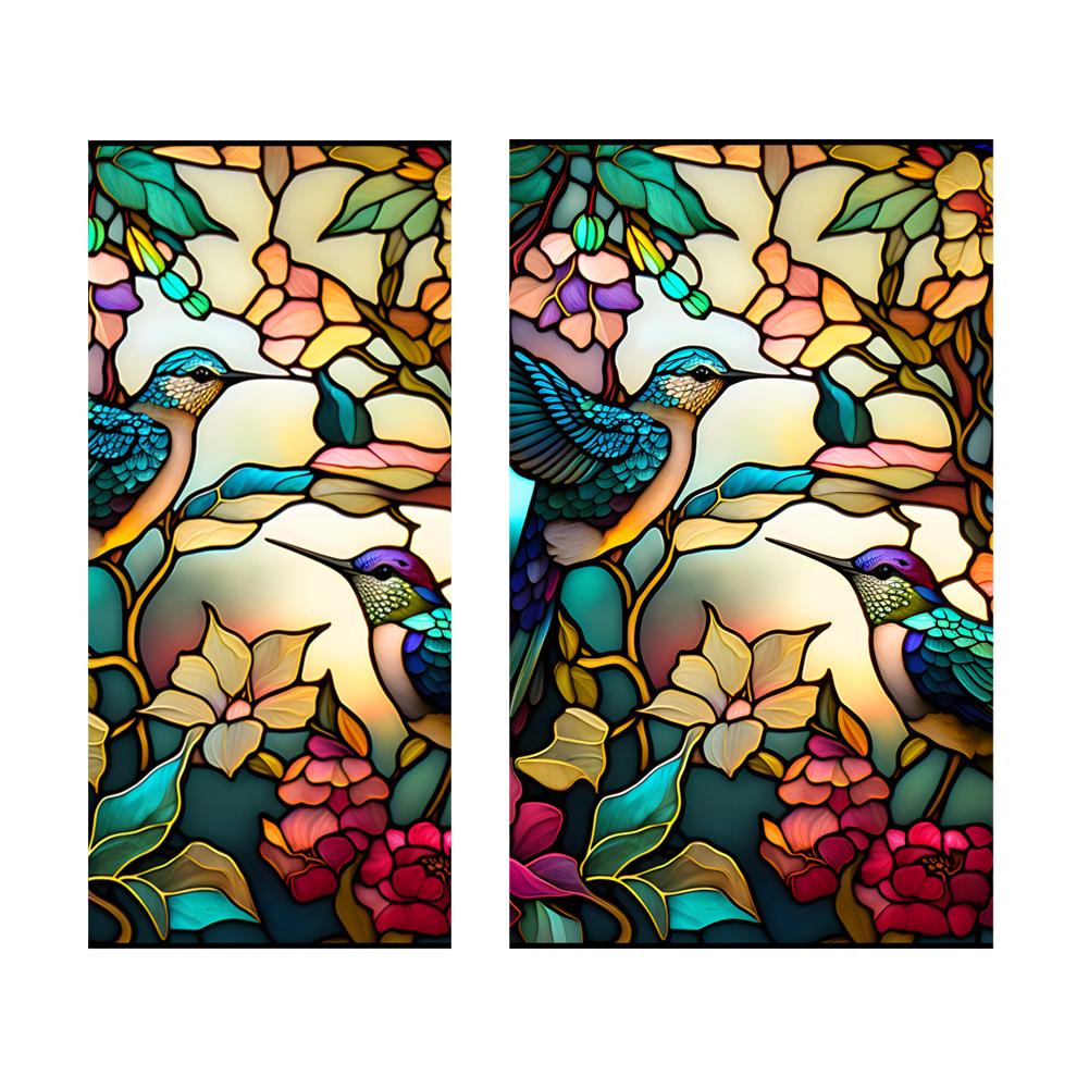 Retro Colorful Hummingbird Flower Stained Glass Window Film Non-adhesive  Window Film Decorative Static Cling