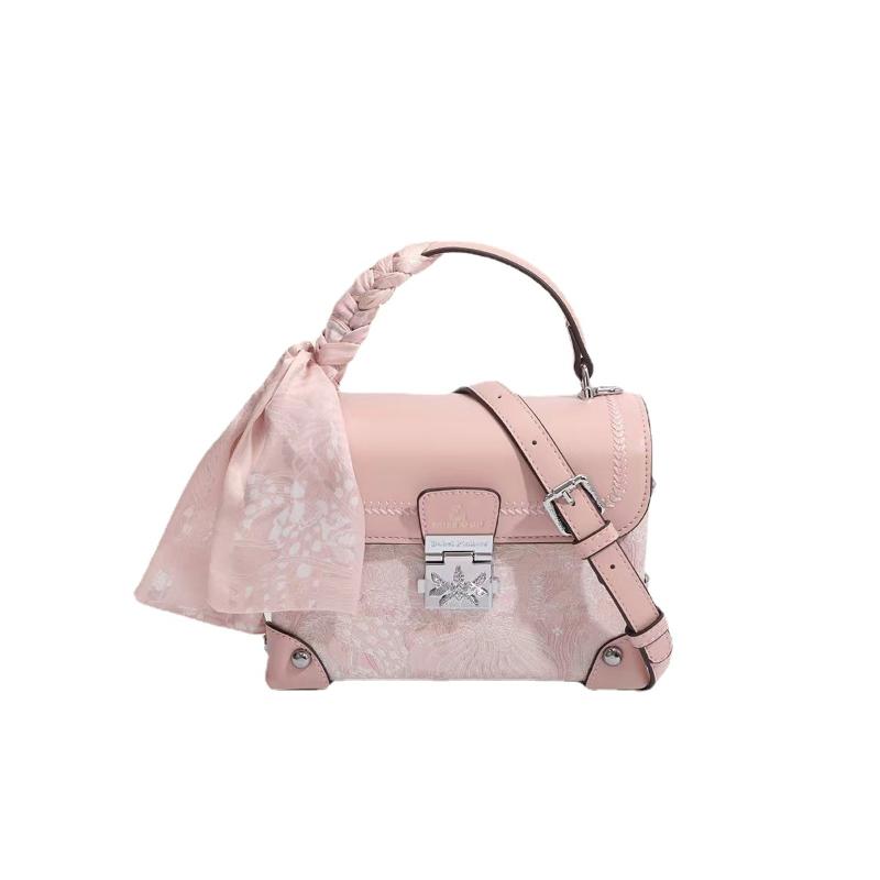 Fashion Ladies Box Shoulder Bag Chinese Girl Crossbody Bag Versatile Embroidery Women's Handbag Silk Scarf Decoration PU