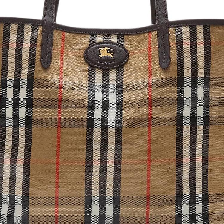 Burberry Vintage Check Canvas Leather Trim Large Tote Bag With Equestrian Knight Detail For Daily Use