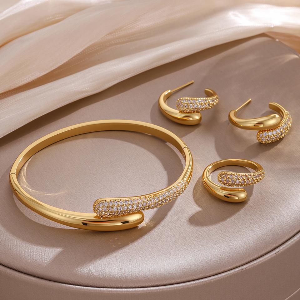 ZAKOL 3Pcs/Set Micro-inlaid Zircon Water Drop Open Bracelet Ring Earrings Set for Women Luxury Wedding Party Zircon Sets