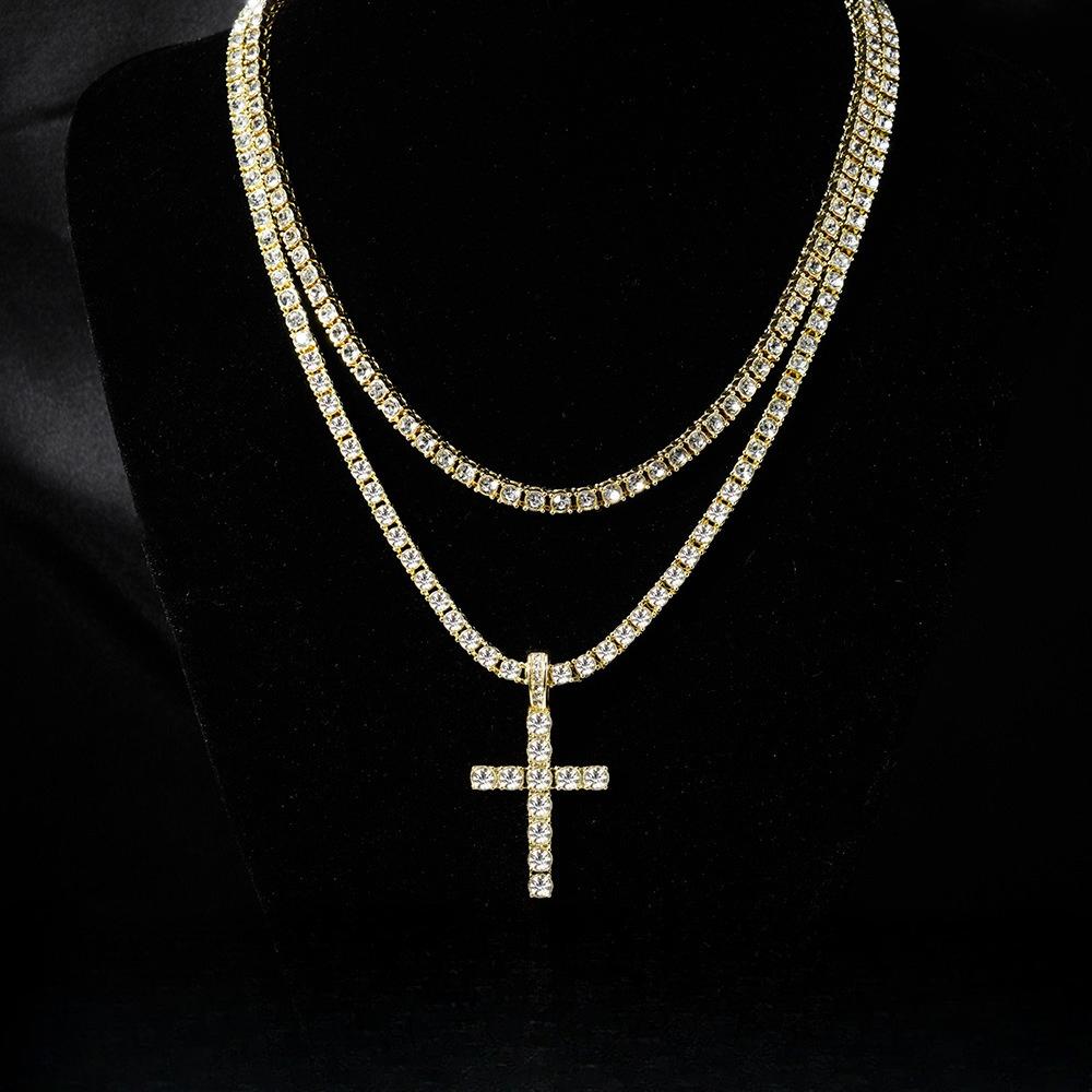 Hip Hop Cross Pendant Layered Necklace, 4mm Rhinestone Tennis Chain Set for Men Women