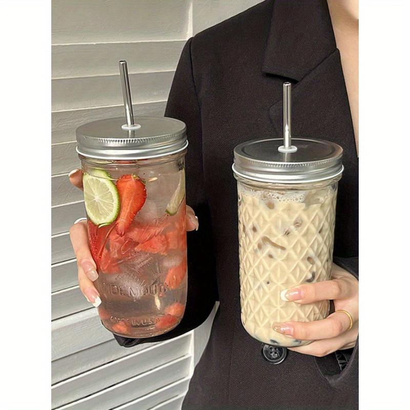 1pc High-Capacity Ins Style Glass Cup with Lid and Straw for American Coffee & Latte
