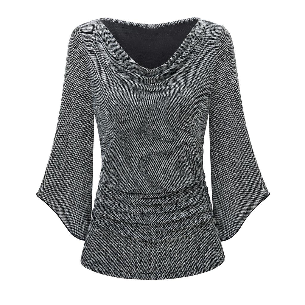 Women's Fashionable Solid Color Round Neck 3/4 Sleeves Shiny Slim Fit Shirt Top