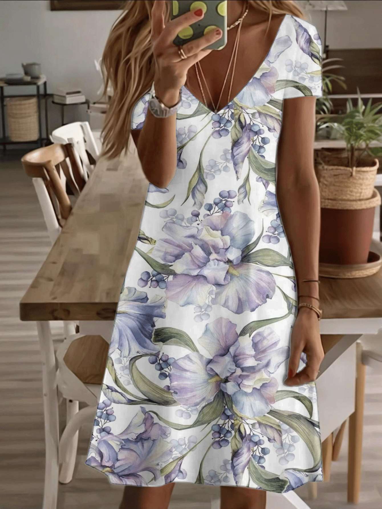 

Vneck shortsleeve midi dress purple iris floral print pattern 3D premium printing durable comfortable elegant casual fashion lady summer outfit XS дубильная кора