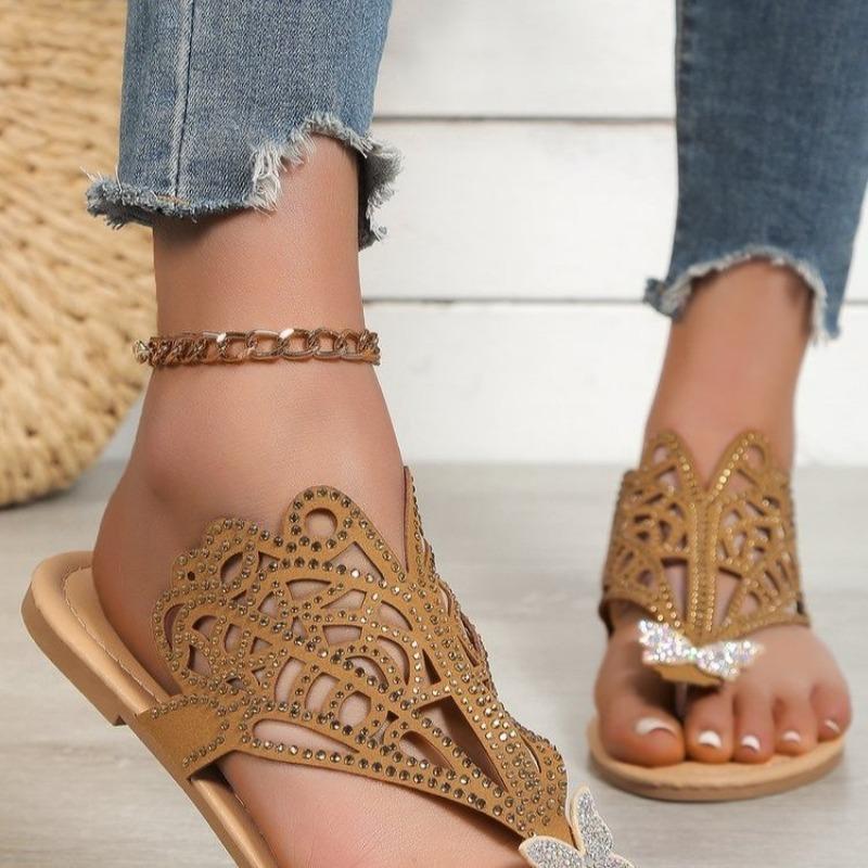 Fashion flat toe sandals large size outer wear rhinestone hollow cool slippers herringbone slippers