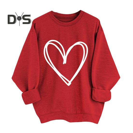 

Весна Осень Женская Толстовка Сердце Принт Чистый Цвет Круглый Вырез Свободный Длинные Рукава Пуловер День Святого Валентина Топ XXL красный
