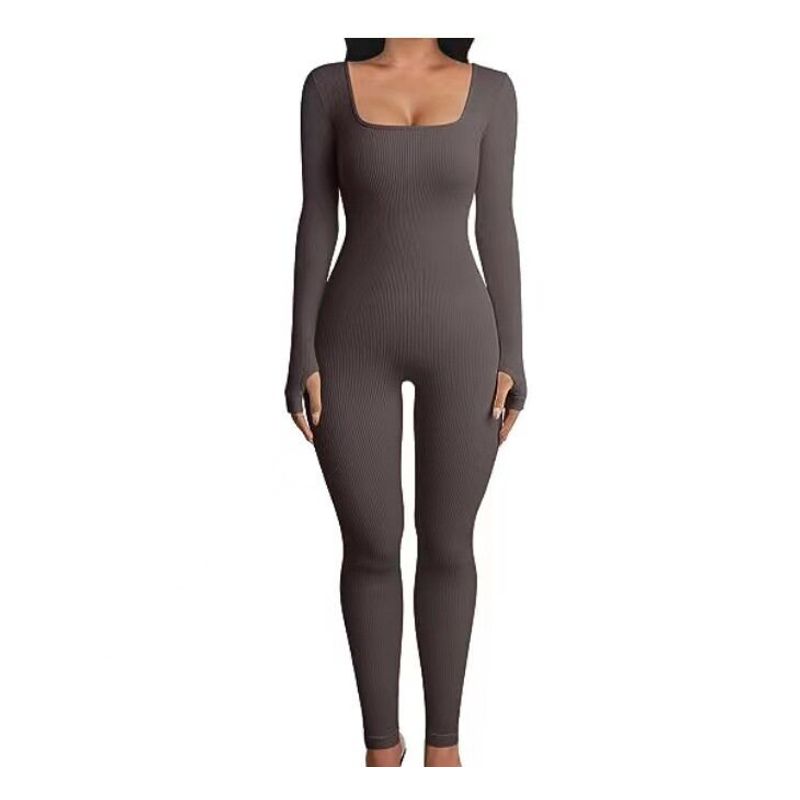 Amazon European and American Foreign Trade Women's Clothing Jumpsuit Autumn and Winter New Ribbed Square Neck Butt-Lifting Slim Sexy Jumpsuit