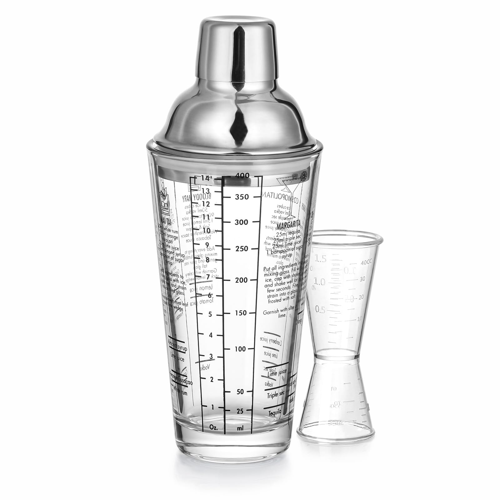 Cocktail Shaker Set 400ml with Measurement Markings, Bartender Tools, Jigger Cup Included, Stainless Steel Lid, Acrylic Jigger Cups (20ml/40ml), Perfe