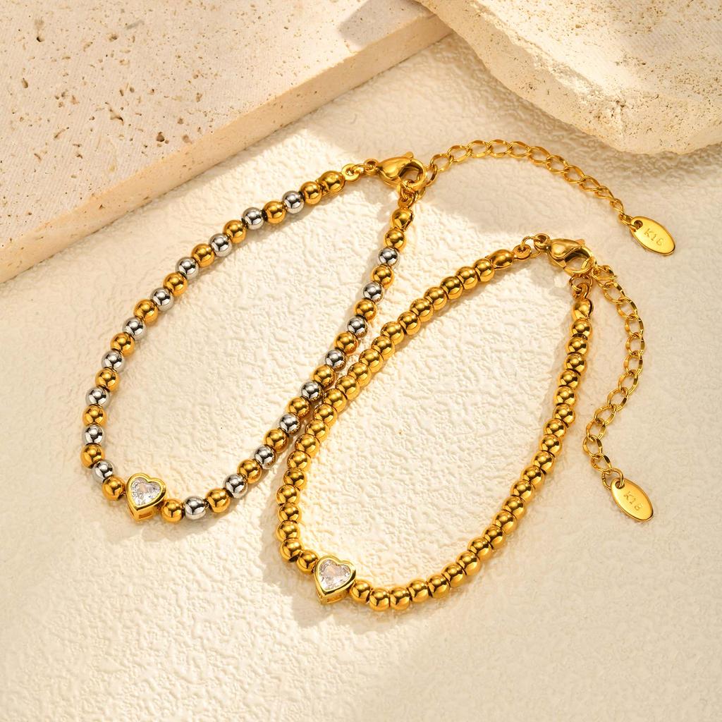 Chic Heart Zircon Beaded Chain Bracelet for Women Girls,Gold Plated Stainless Steel Waterproof Bracelets,Exquisite Daily Jewelry