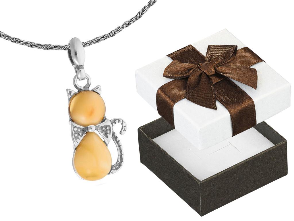 Short Silver Women's Necklace Cat With Milk Amber Kitten Choker 32Cm