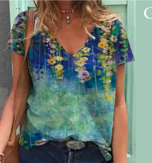 Women's T-Shirts Color Floral Flower 3D Print Summer V-Neck Short Sleeve T Shirt Y2K Tees Oversized Harajuku Top Female Clothing
