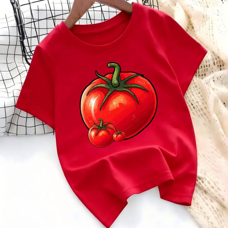 Cartoon Tomato Print T-Shirt, Unisex Short Sleeve Summer Cute Vegetable Fruit Pattern Round Neck Top