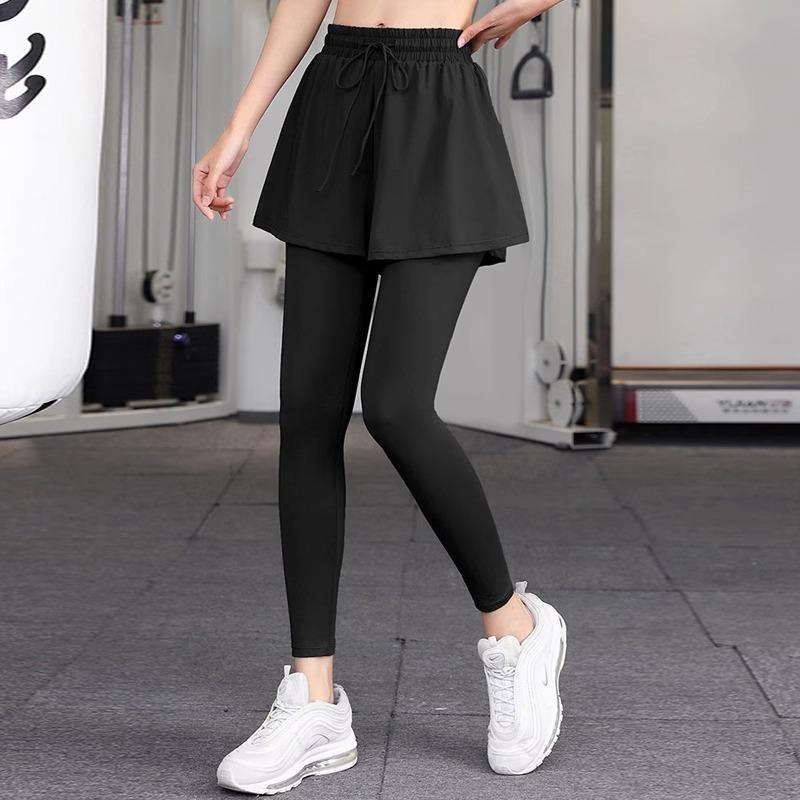 

Поддельные двухслойные фитнес-брюки и юбки для женщин с высокой талией, утягивающие живот леггинсы для ношения, беговые и защищающие от неловких ситуаций быстросохнущие брюки для йоги M чёрный