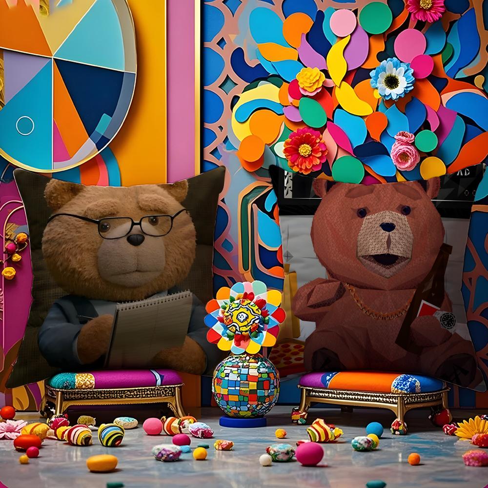 Popular Cartoon Movie Ted-Teddy Bear Pillow Case Anti-Dustmite Pillowcase Invisible Zipper Silky Short Plush Sofa Cushion Cover