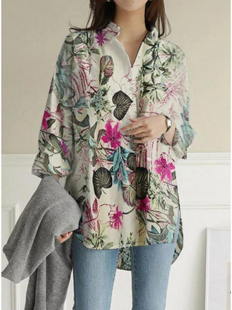 Comfortable Casual Loose Fit Blouse  Long Sleeve Printed Cotton Linen Top