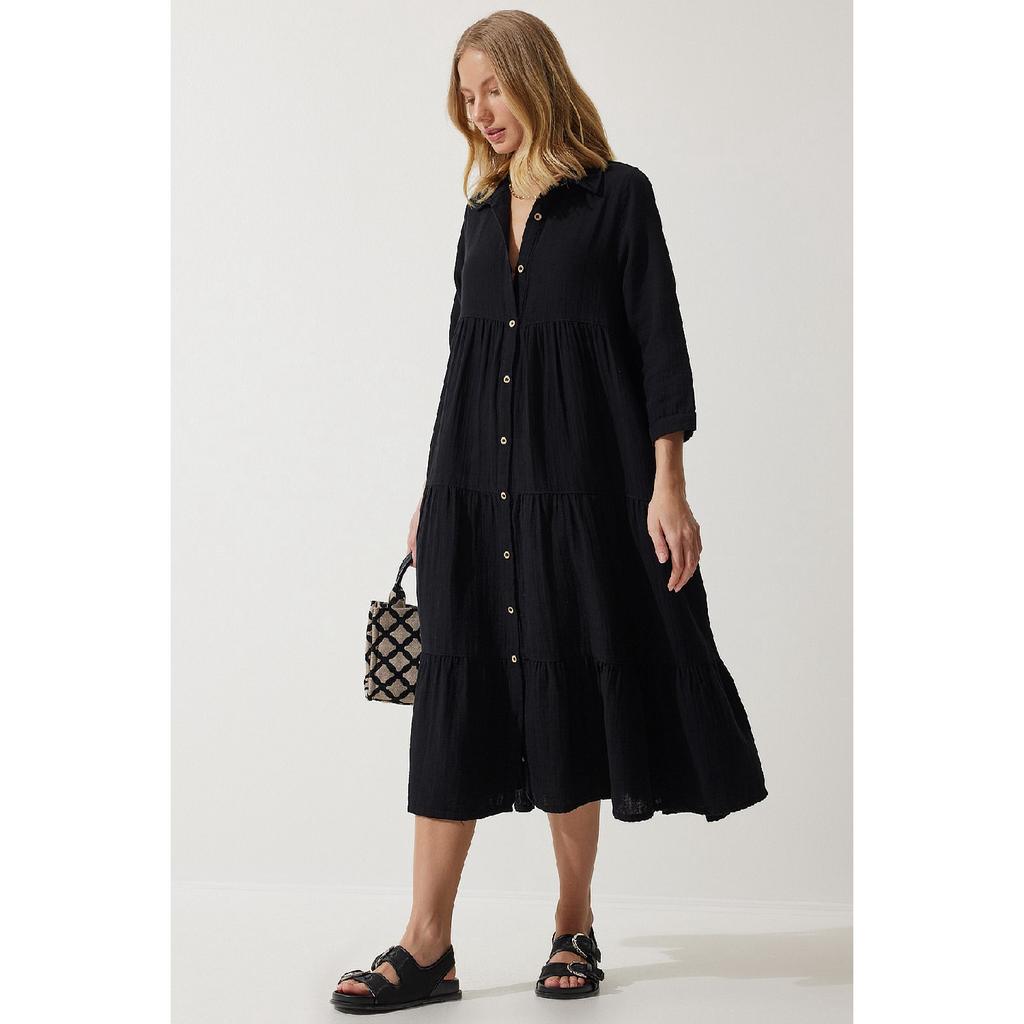 Women's Beige Muslin Flared Shirt Dress Sa00024