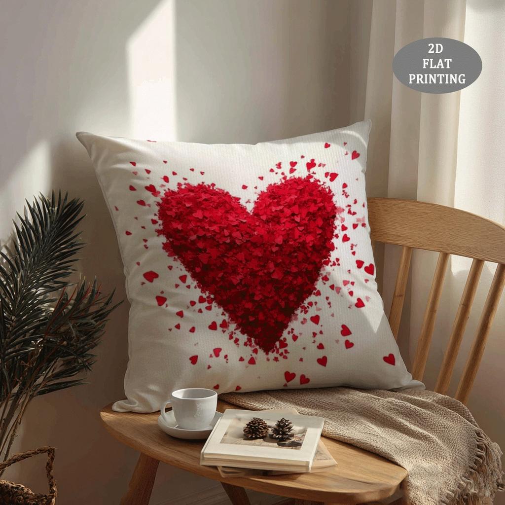 1pc Red Heart-Shaped Petal Pattern Plush Throw Pillow Cover | 2D Flat Printing, Single-Sided, 18x18 inch, Suitable for Sofa and Living Room Decor