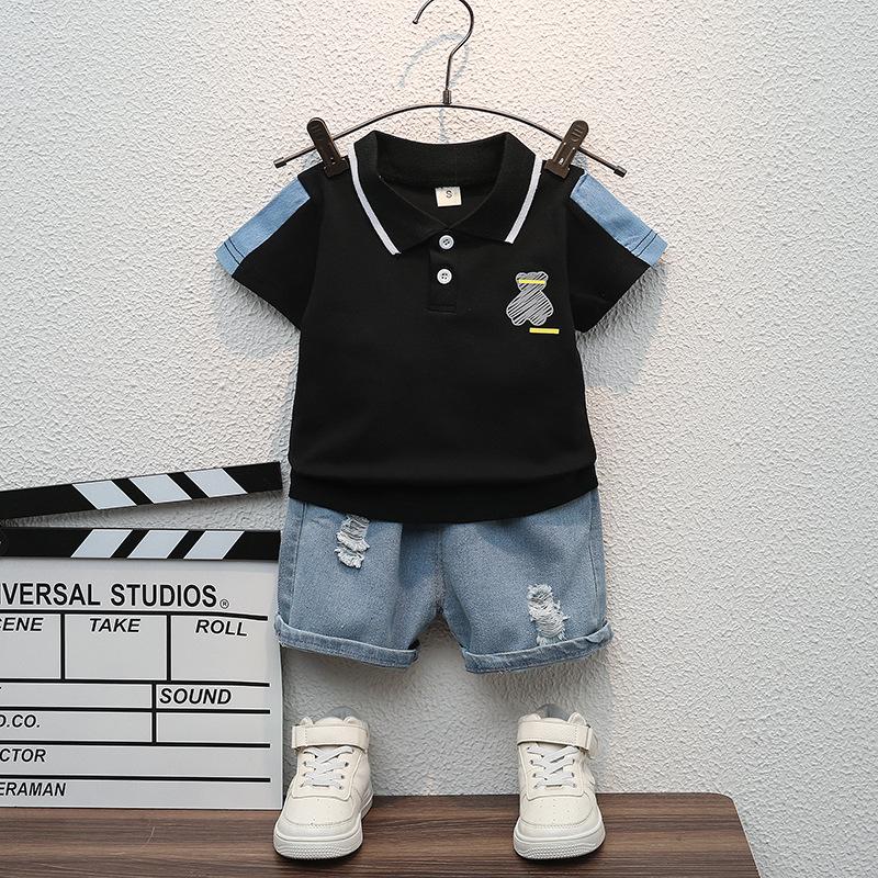 

Stylish Summer Short Sleeve Denim T-Shirt & Shorts Set for Kids 90 cm чорний