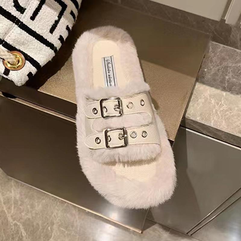 Doppelreihe ein Wort mit quadratischer Schnalle haarige äußere Hausschuhe 2025 neu dicker Boden Größe Größe Größe 313233 Baumwollschlepp Frauen Winter