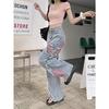 Women's Plus Size Frayed Retro Patchwork Butterfly Embroidery Washed Denim Wide-Leg Pants