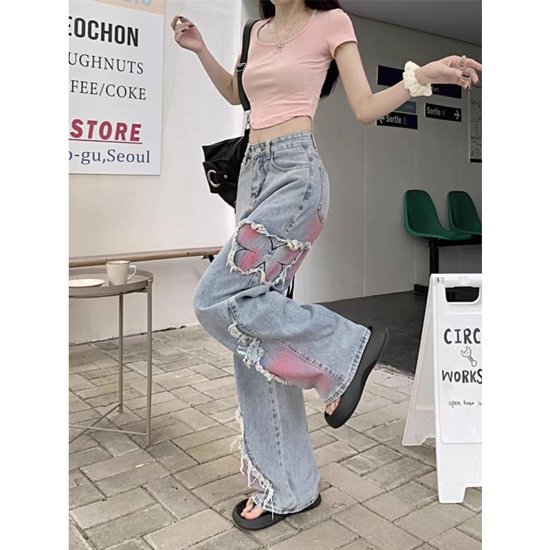 Women's Plus Size Frayed Retro Patchwork Butterfly Embroidery Washed Denim Wide-Leg Pants