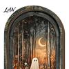 Vertical Wooden Sign Pendant Halloween Vintage Arch Sign, Gothic Spooky Ghost Wall Hanging Decor Dark Floral Print with Bracket, Rustic Aesthetic Home