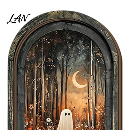 Vertical Wooden Sign Pendant Halloween Vintage Arch Sign, Gothic Spooky Ghost Wall Hanging Decor Dark Floral Print with Bracket, Rustic Aesthetic Home