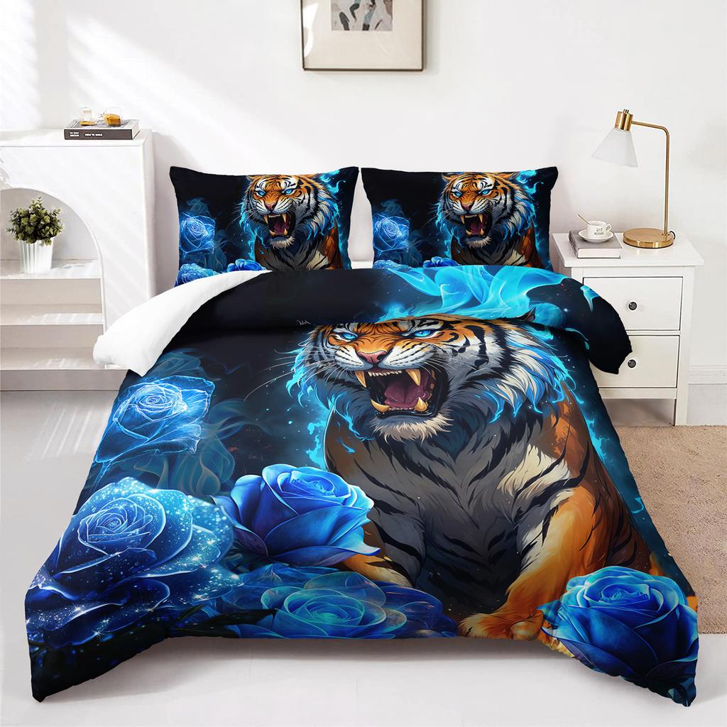 3pcs Fierce Tiger with Blue Roses Bedding Duvet Cover Set Blue Rose Tiger Bedding Quilt Set Animal Themed Bed Set Four Seasons