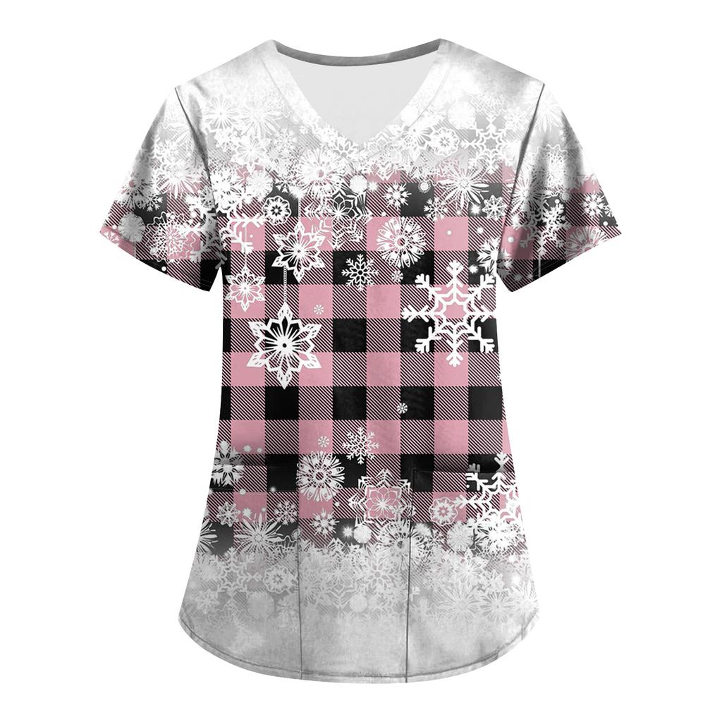 Plus SizePrinted Scrub Working Uniform Tops For Women's Cross V-Neck Print Short Sleeve Fun T-Shirts Workwear Tee With Pockets