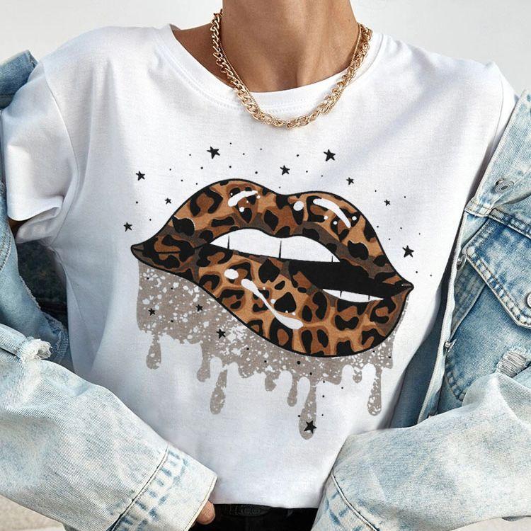 New Fashion Women T Shirt Leopard Lip Print T-Shirt T-Shirt Short Sleeve Tops Female Ladies Summer Tee Shirts Streetwear