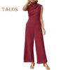 Women Summer Jumpsuit Half-high Collar Sleeveless Wide Leg Pleated Pure Color OL Commuting Daily Wear Long Jumpsuit