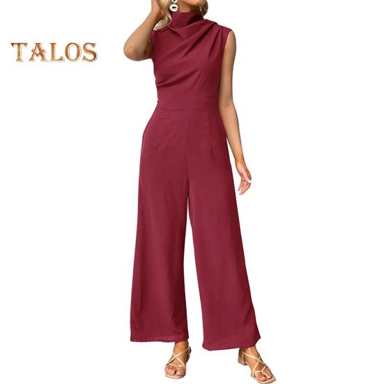 Women Summer Jumpsuit Half-high Collar Sleeveless Wide Leg Pleated Pure Color OL Commuting Daily Wear Long Jumpsuit