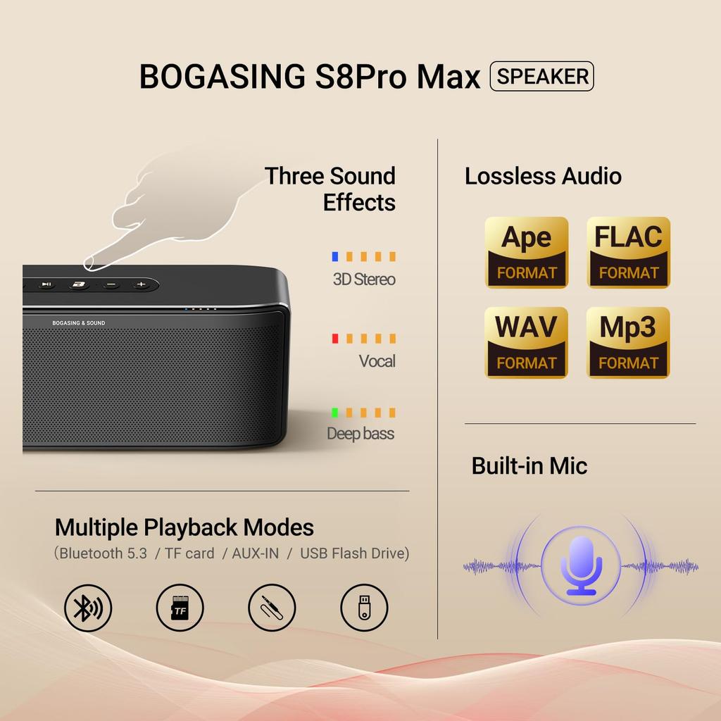BOGASING S8 Pro Max Bluetooth Portable Wireless Speaker with Powerful HiFi Sound Loud Deep Fully Wireless Stereo USB and TF Card Support Speaker,