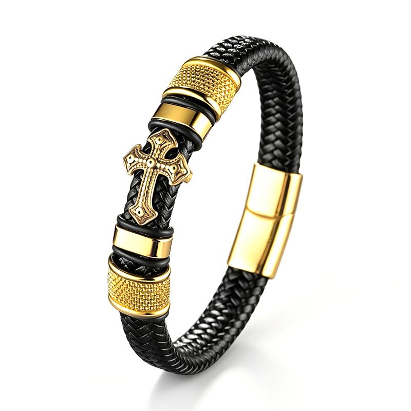 Retro Handgefertigtes Leder Kreuzarmband mit Gold-Silber-Beschichtung und Magnetschnalle