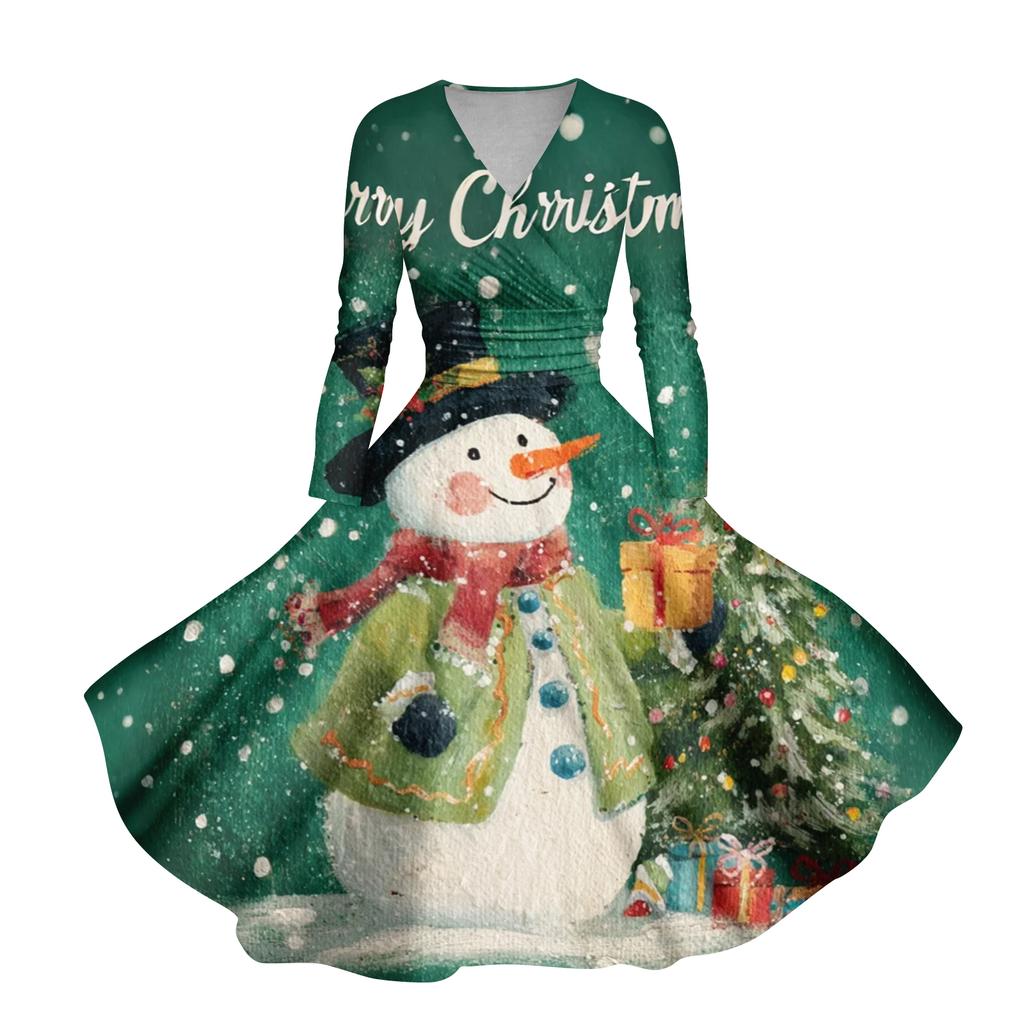 Ladies' Casual And Fashionable Christmas Tree Print Long Sleeved V-neck Sexy Pocket Dress