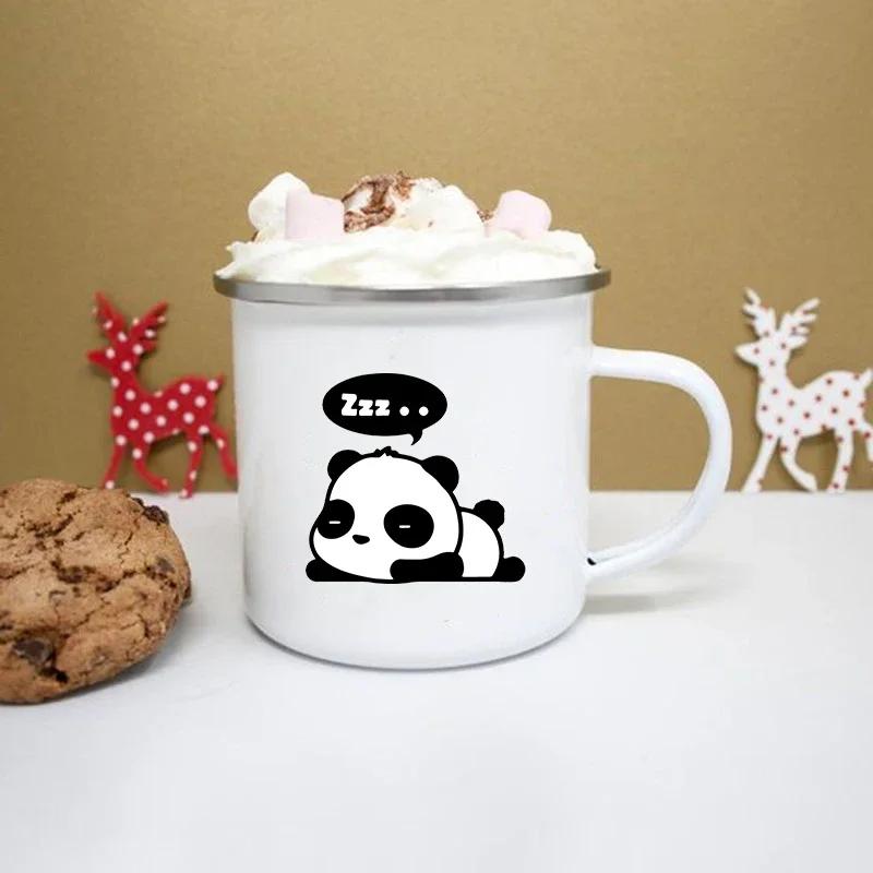 Cute Panda Print Enamel Creative Coffee Tea Water Cups Drinks Dessert Breakfast Milk Cup Kawaii Mugs Handle Drinkware Best Gifts