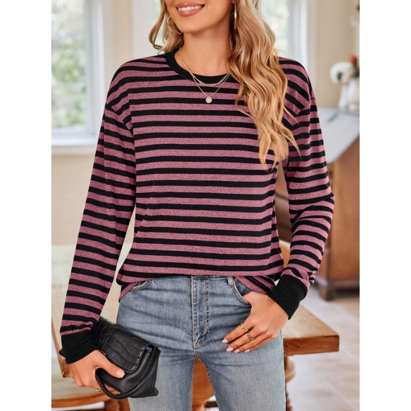 Striped Color Block Round Neck Long Sleeve Loose T Shirt Women Cashmere Brushed Pullover Top