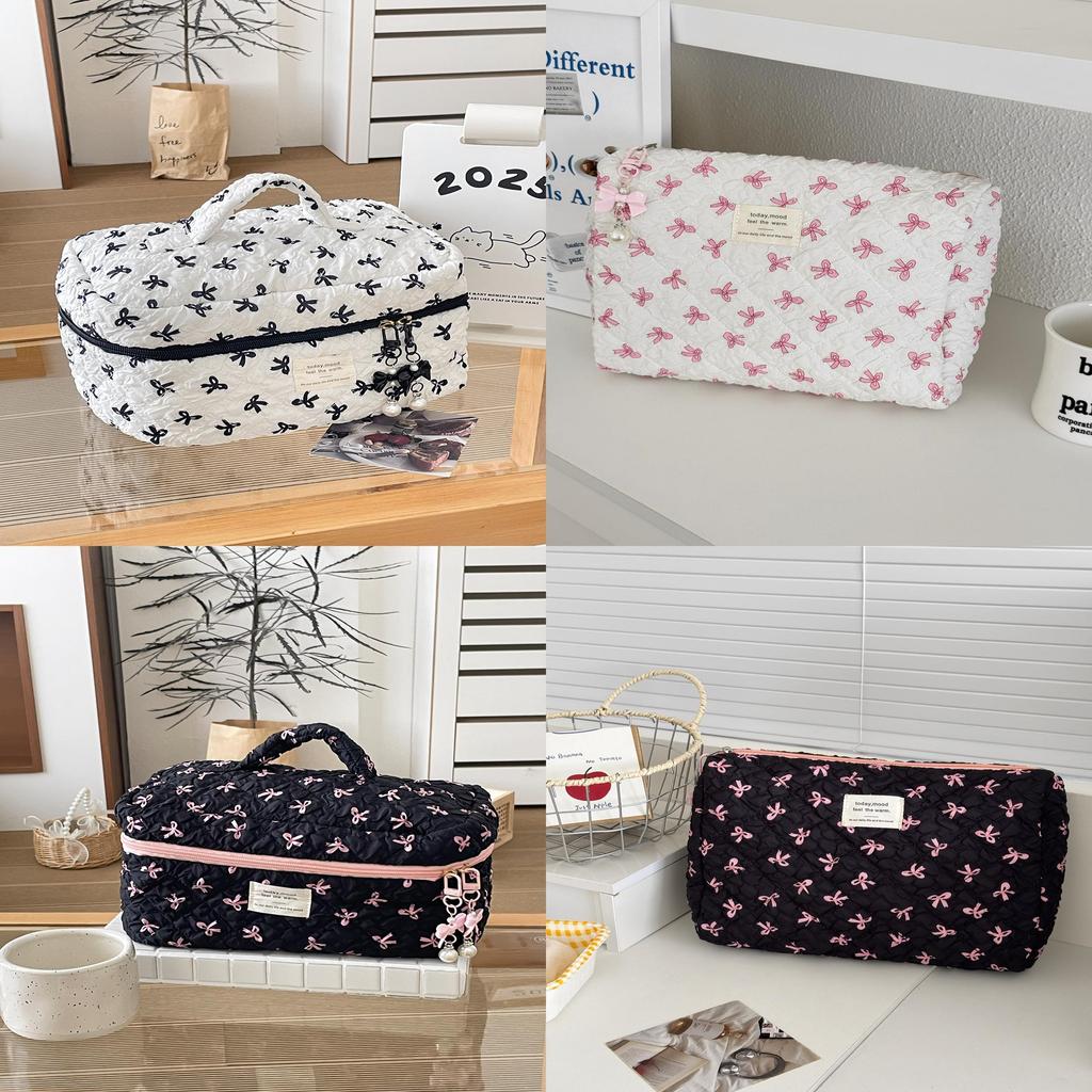 Minimalist Fabric Makeup Bag With Wrinkle Bows For Travel And Daily Use