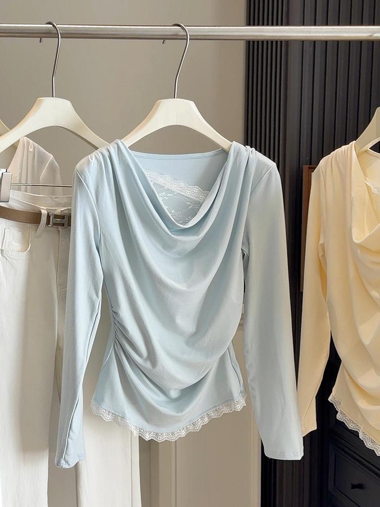 Spring Sweet Lace Patchwork One-Shoulder Slimming Long Sleeve T-Shirt Top